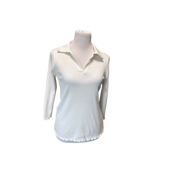 Ribbed Knit Top 3/4 Sleeve Lettuce Edge Collar Shirt White Size Unknown‎ - Picture 1 of 12